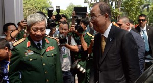 UN Secretary General Ban Ki-moon (R) is greeted by Vietnamese Deputy Defense Minister Nguyen Chi Vinh upon his arrival to attend a meeting marking the first anniversary of Vietnam's UN Peace Keeping Center in Hanoi on May 23, 2015. The UN Chief who is on a two-day official visit met with all Vietnamese top leaders.   AFP PHOTO / HOANG DINH Nam         (Photo credit should read HOANG DINH NAM/AFP/Getty Images)